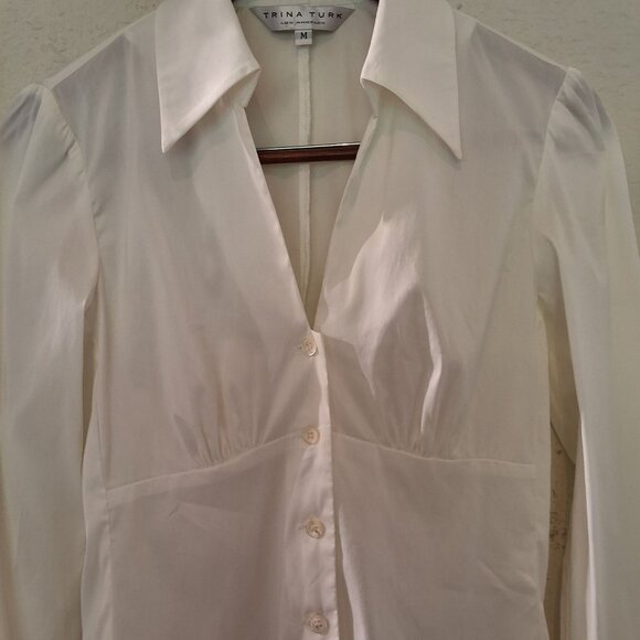 Trina Turk Ivory Long Sleeve Fitted Bodice Collared V-Neck Button-Up Shirt Sz M - Picture 3 of 7